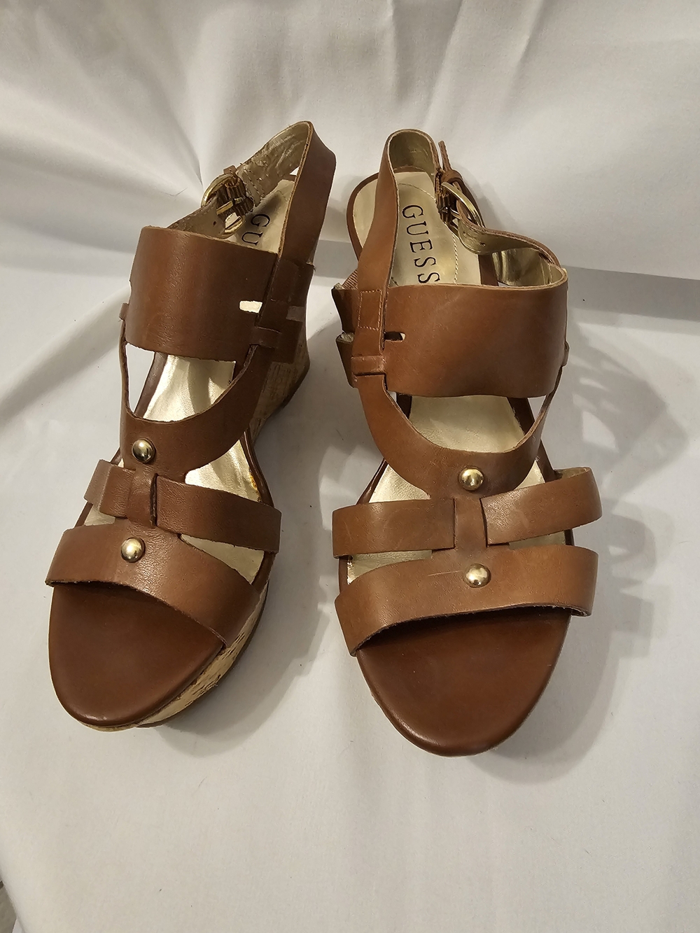 GUESS Tan Leather Wedge Sandals - Strappy Gold-Stud Detail